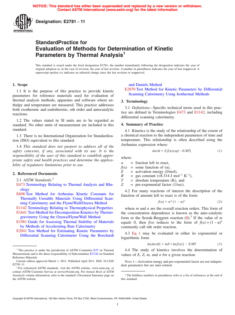 ASTM E2781-11 - Standard Practice for Evaluation of Methods for Determination of Kinetic Parameters by Thermal Analysis