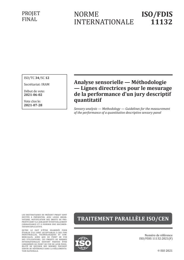 ISO/FDIS 11132:Version 10-jul-2021 - Analyse sensorielle -- Méthodologie -- Lignes directrices pour le mesurage de la performance d'un jury descriptif quantitatif