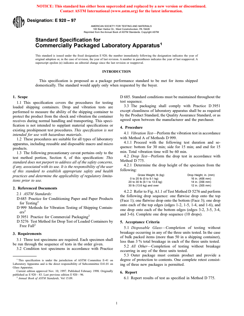 ASTM E920-97 - Standard Specification for Commercially Packaged Laboratory Apparatus