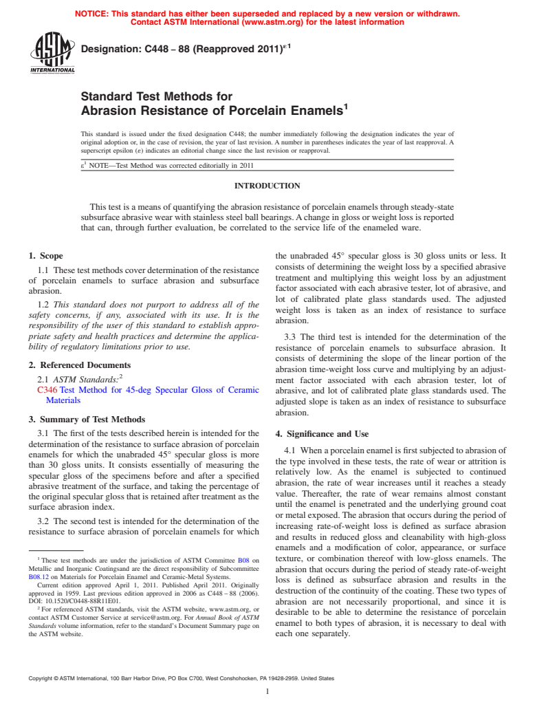 ASTM C448-88(2011)e1 - Standard Test Methods for Abrasion Resistance of Porcelain Enamels