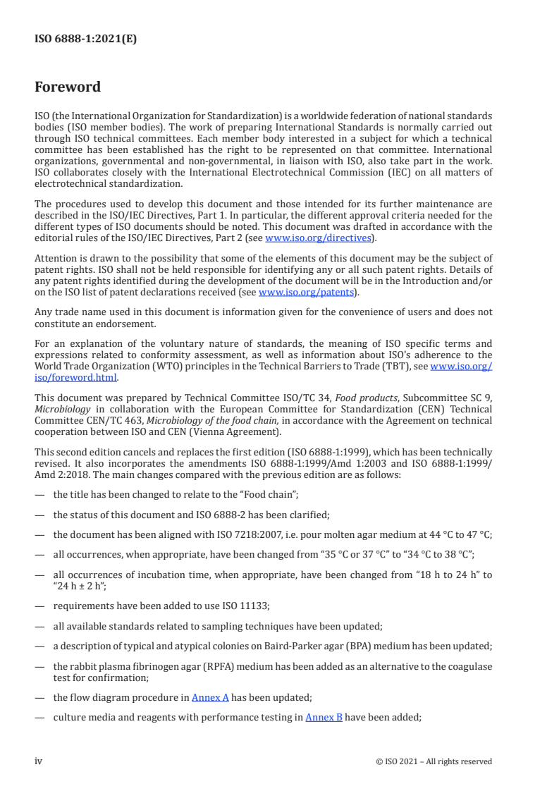 ISO 6888-1:2021 ISO 6888-1:2021 - Microbiology of the food chain — Horizontal method for the enumeration of coagulase-positive staphylococci (Staphylococcus aureus and other species) — Part 1: Method using Baird-Parker agar medium
Released:8/16/2021 - Page 4 preview