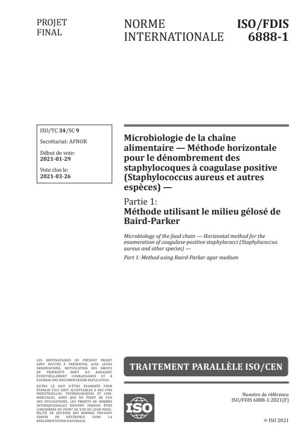 ISO/FDIS 6888-1:Version 20-mar-2021 - Microbiologie de la chaîne alimentaire -- Méthode horizontale pour le dénombrement des staphylocoques a coagulase positive (Staphylococcus aureus et autres especes)