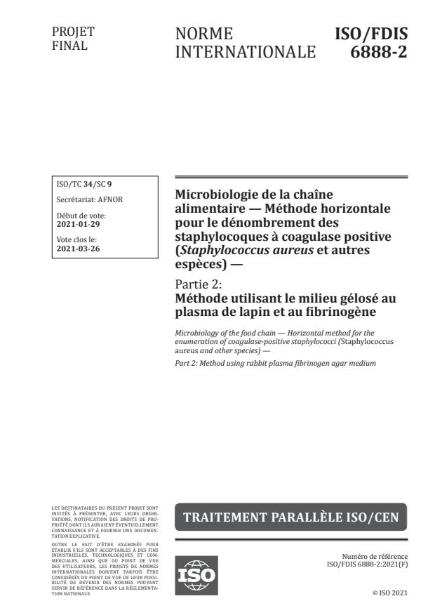 ISO/FDIS 6888-2:Version 20-mar-2021 - Microbiologie de la chaîne alimentaire -- Méthode horizontale pour le dénombrement des staphylocoques a coagulase positive (Staphylococcus aureus et autres especes)