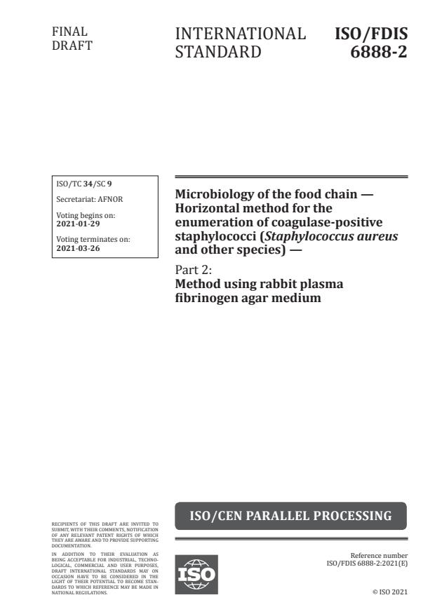 ISO/FDIS 6888-2 - Microbiology of the food chain -- Horizontal method for the enumeration of coagulase-positive staphylococci (Staphylococcus aureus and other species)