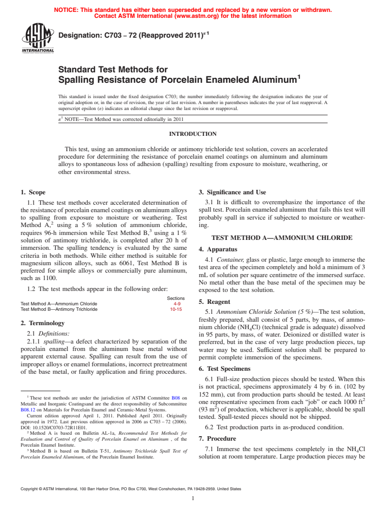 ASTM C703-72(2011)e1 - Standard Test Methods for Spalling Resistance of Porcelain Enameled Aluminum