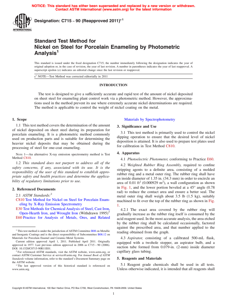 ASTM C715-90(2011)e1 - Standard Test Method for Nickel on Steel for Porcelain Enameling by Photometric Analysis