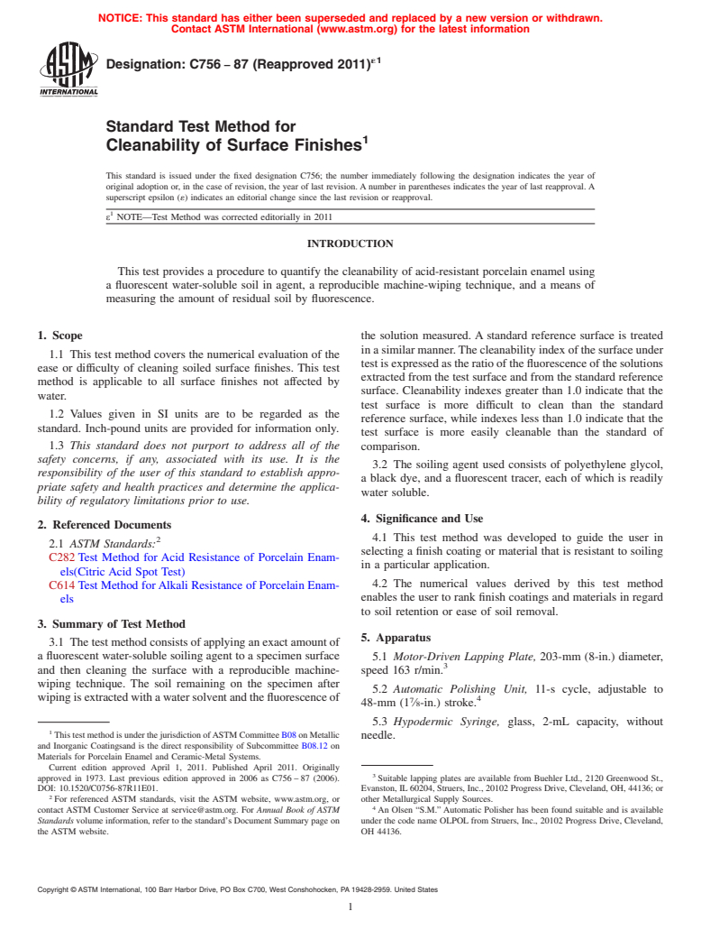 ASTM C756-87(2011)e1 - Standard Test Method for Cleanability of Surface Finishes