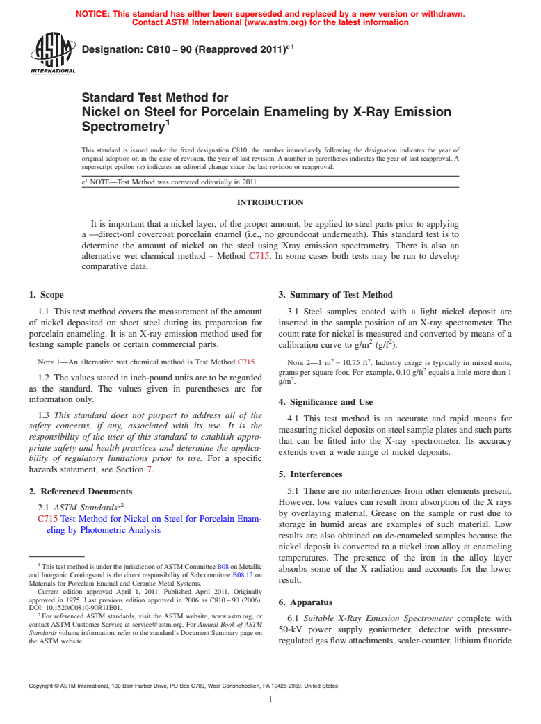 ASTM C810-90(2011)e1 - Standard Test Method for Nickel on Steel for Porcelain Enameling by X-Ray Emission Spectrometry