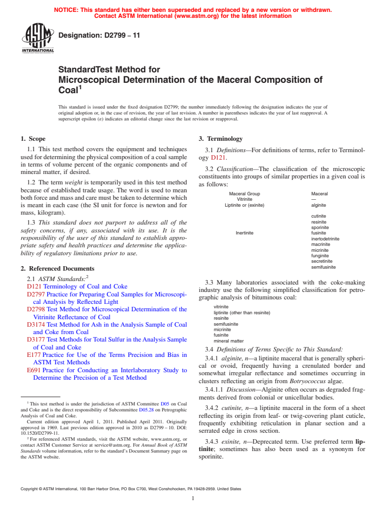 ASTM D2799-11 - Standard Test Method for Microscopical Determination of the Maceral Composition of Coal