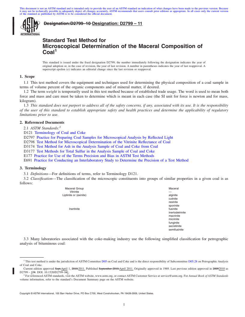 REDLINE ASTM D2799-11 - Standard Test Method for Microscopical Determination of the Maceral Composition of Coal