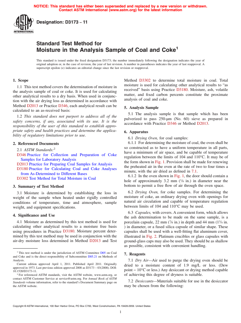 ASTM D3173-11 - Standard Test Method for  Moisture in the Analysis Sample of Coal and Coke