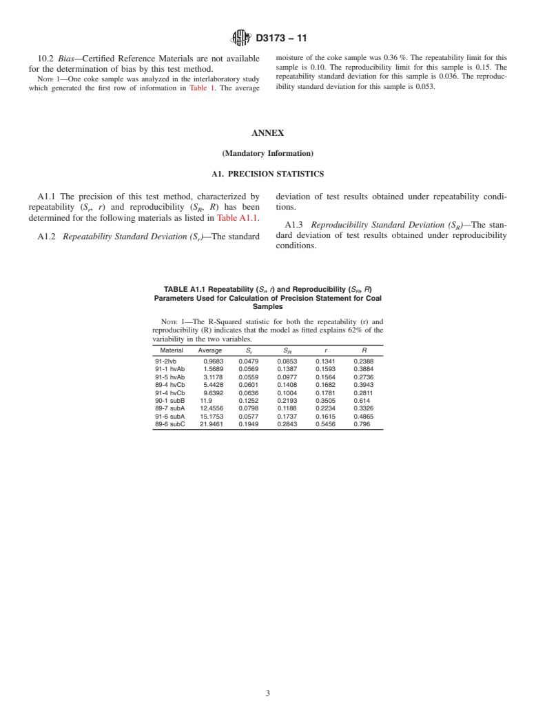 ASTM D3173-11 - Standard Test Method for  Moisture in the Analysis Sample of Coal and Coke