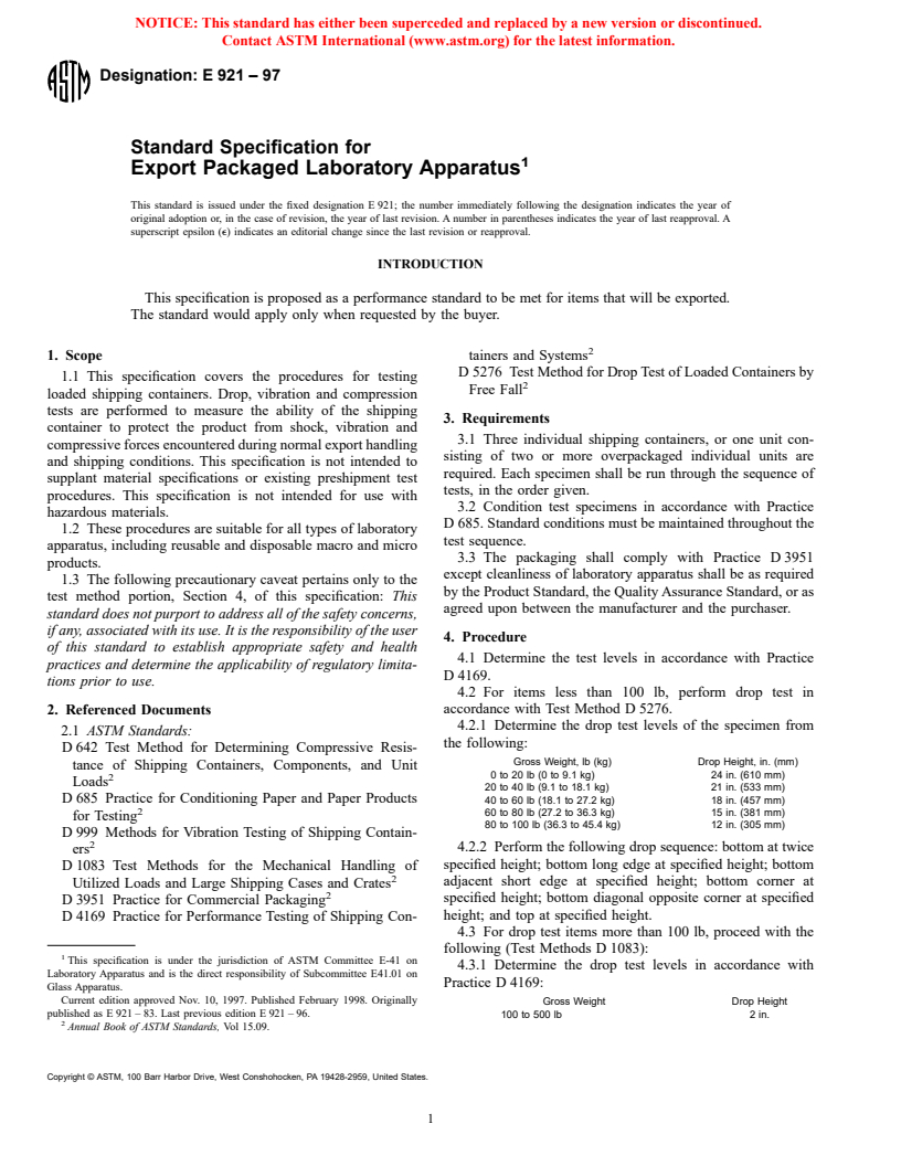 ASTM E921-97 - Standard Specification for Export Packaged Laboratory Apparatus