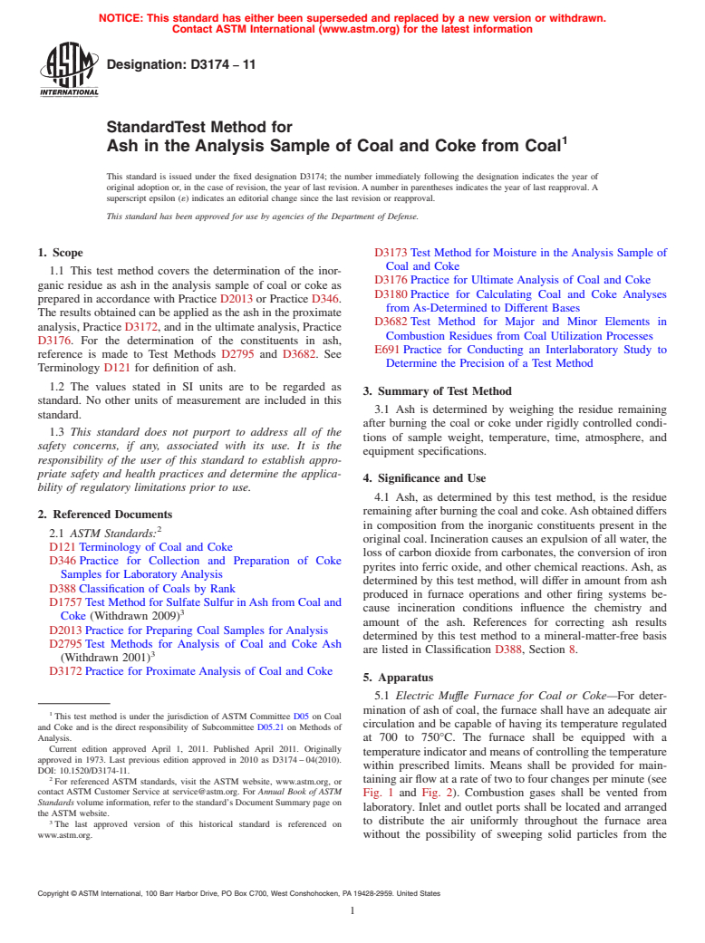 ASTM D3174-11 - Standard Test Method for Ash in the Analysis Sample of Coal and Coke from Coal