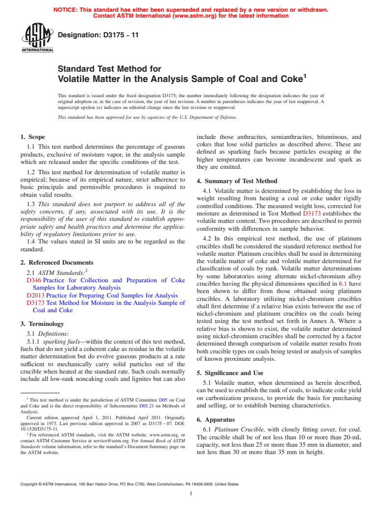 ASTM D3175-11 - Standard Test Method for Volatile Matter in the Analysis Sample of Coal and Coke
