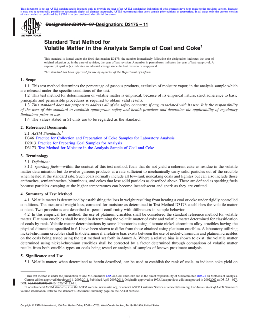 REDLINE ASTM D3175-11 - Standard Test Method for Volatile Matter in the Analysis Sample of Coal and Coke