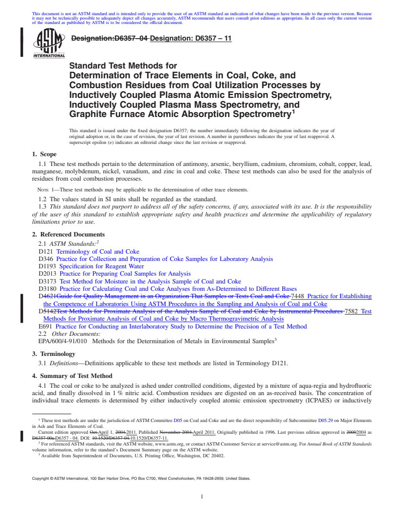 REDLINE ASTM D6357-11 - Test Methods for Determination of Trace Elements in Coal, Coke, & Combustion Residues from Coal Utilization Processes by Inductively Coupled Plasma Atomic Emission, Inductively Coupled Plasma Mass, & Graphite Furnace Atomic Absorption Spectrometry