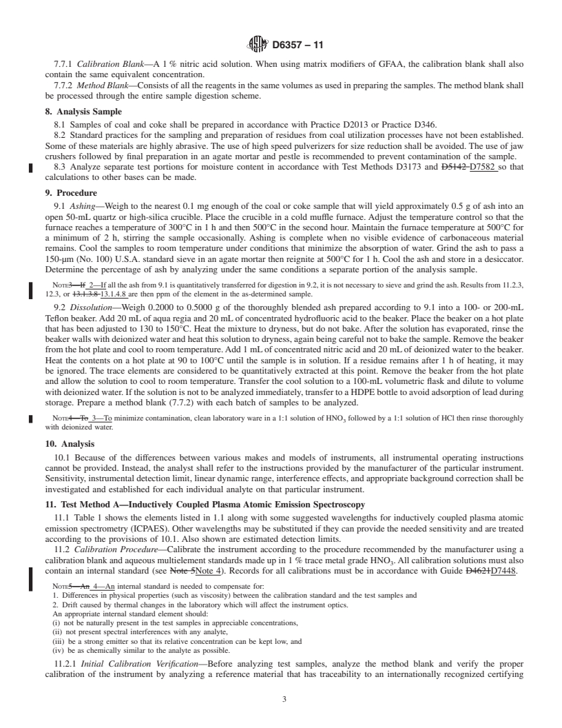 REDLINE ASTM D6357-11 - Test Methods for Determination of Trace Elements in Coal, Coke, & Combustion Residues from Coal Utilization Processes by Inductively Coupled Plasma Atomic Emission, Inductively Coupled Plasma Mass, & Graphite Furnace Atomic Absorption Spectrometry