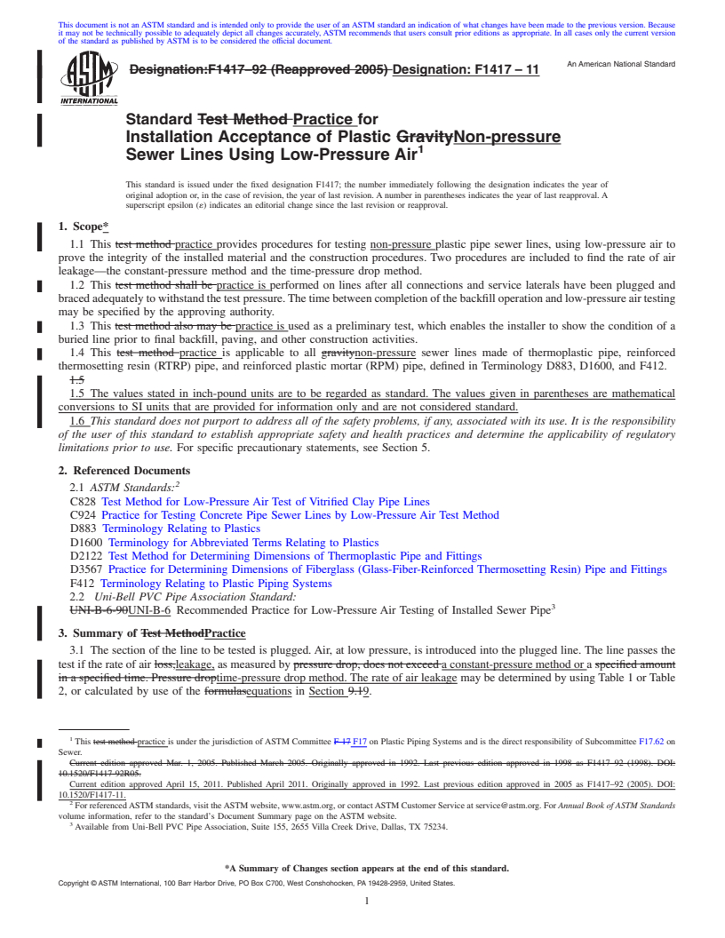 REDLINE ASTM F1417-11 - Standard Test Method for Installation Acceptance of Plastic Gravity Sewer Lines Using Low-Pressure Air