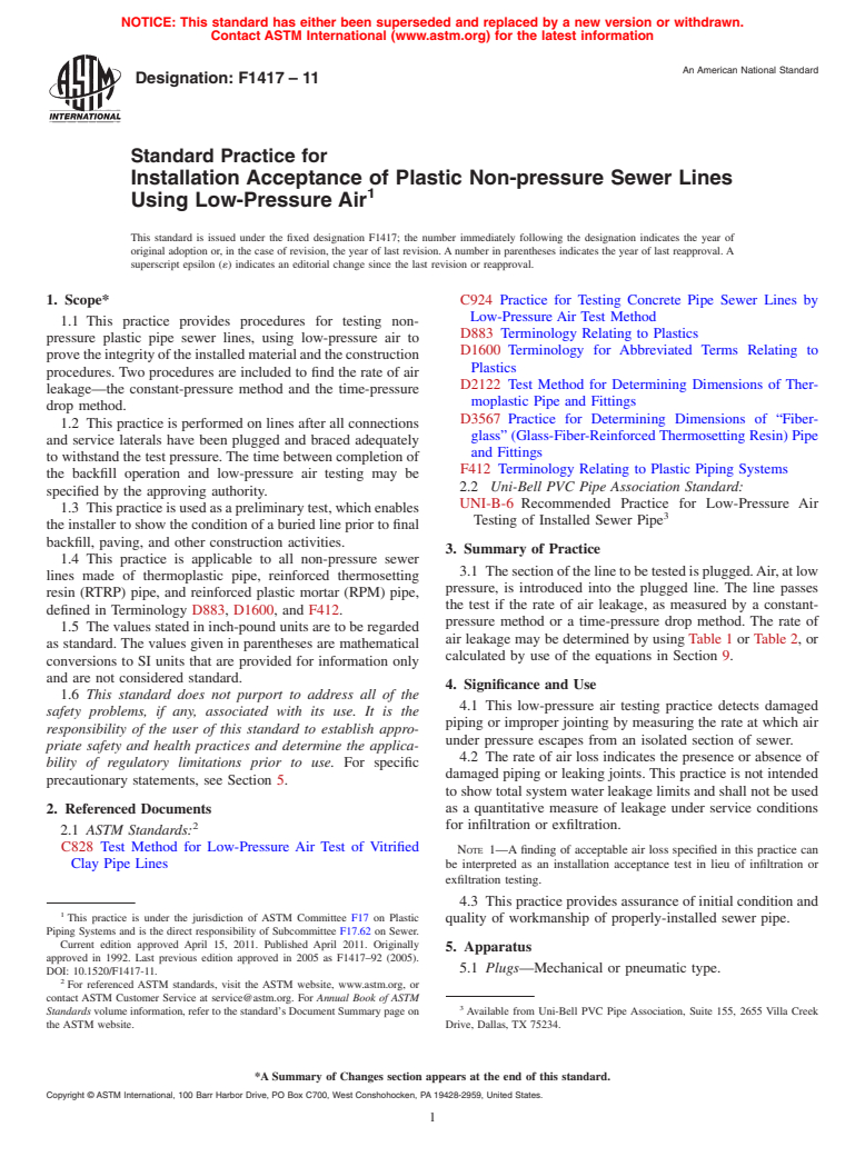 ASTM F1417-11 - Standard Test Method for Installation Acceptance of Plastic Gravity Sewer Lines Using Low-Pressure Air