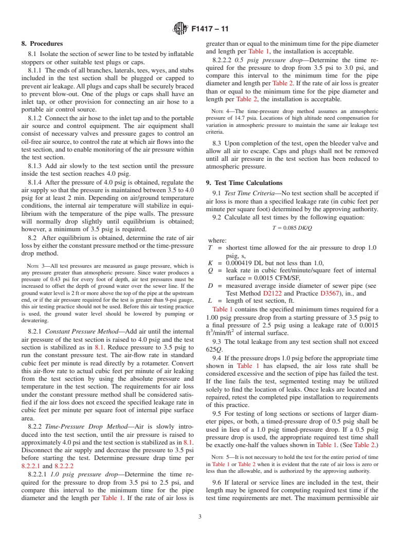 ASTM F1417-11 - Standard Test Method for Installation Acceptance of Plastic Gravity Sewer Lines Using Low-Pressure Air