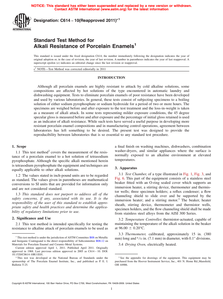 ASTM C614-10(2011)e1 - Standard Test Method for Alkali Resistance of Porcelain Enamels