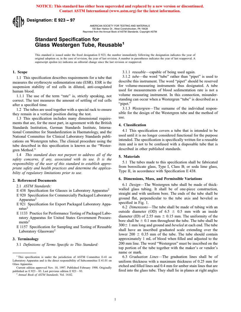 ASTM E923-97 - Standard Specification for Glass Westergren Tube, Reusable