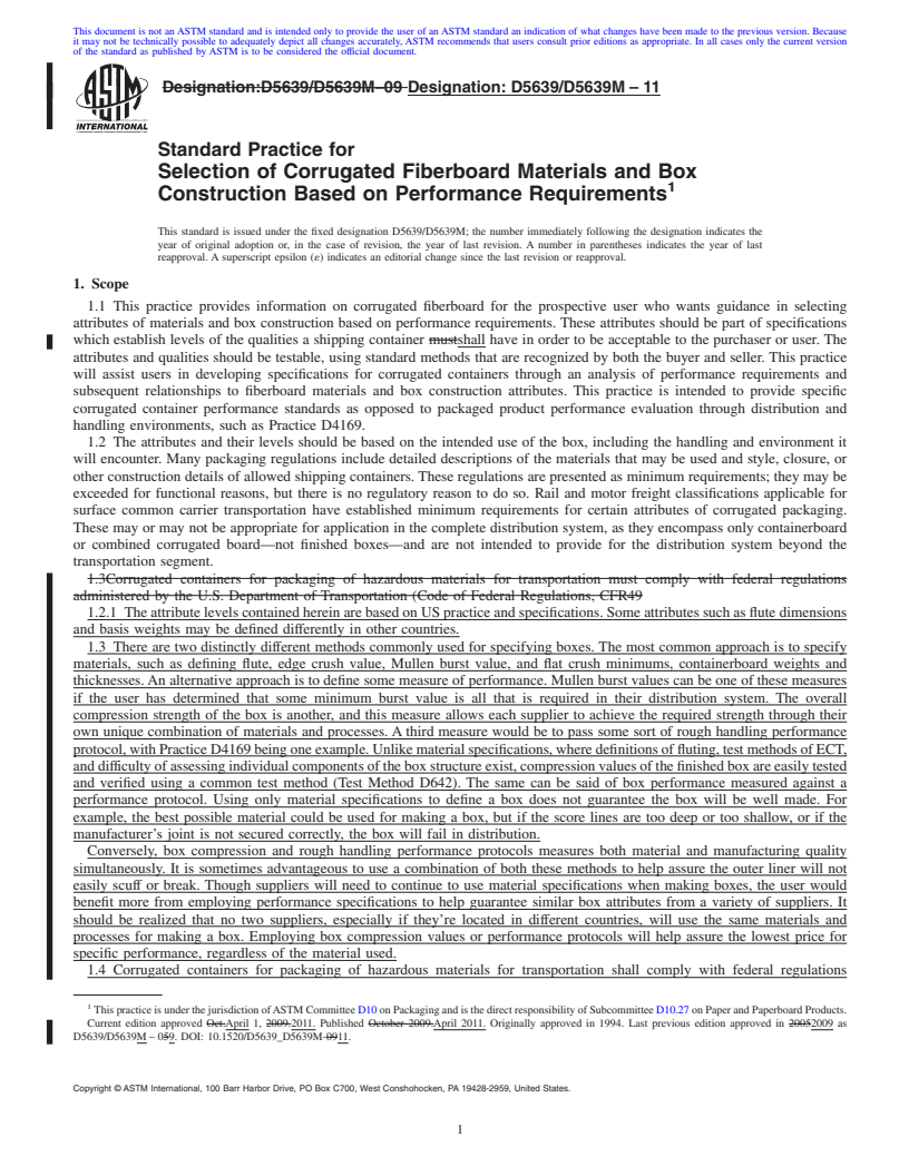 REDLINE ASTM D5639/D5639M-11 - Standard Practice for Selection of Corrugated Fiberboard Materials and Box Construction Based on Performance Requirements