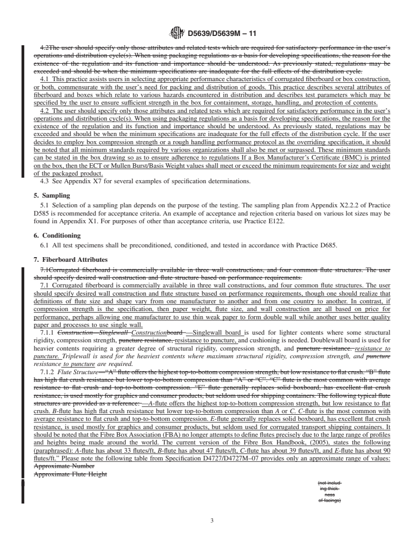 REDLINE ASTM D5639/D5639M-11 - Standard Practice for Selection of Corrugated Fiberboard Materials and Box Construction Based on Performance Requirements