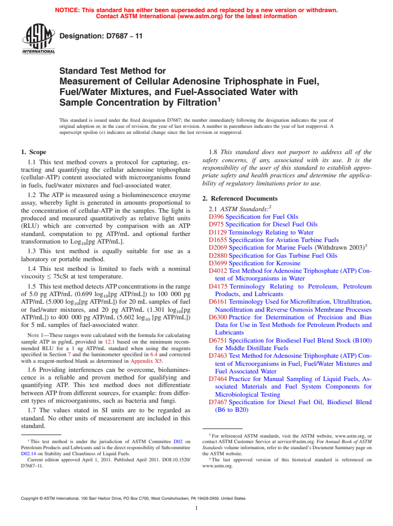 ASTM D7687-11 - Standard Test Method for Measurement of Cellular Adenosine Triphosphate in Fuel, Fuel/Water Mixtures, and Fuel-Associated Water with Sample Concentration by Filtration