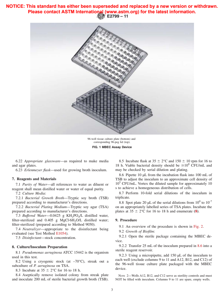 ASTM E2799-11 - Standard Test Method for Testing Disinfectant Efficacy against <span class="italic">Pseudomonas aeruginosa</span> Biofilm using the MBEC Assay