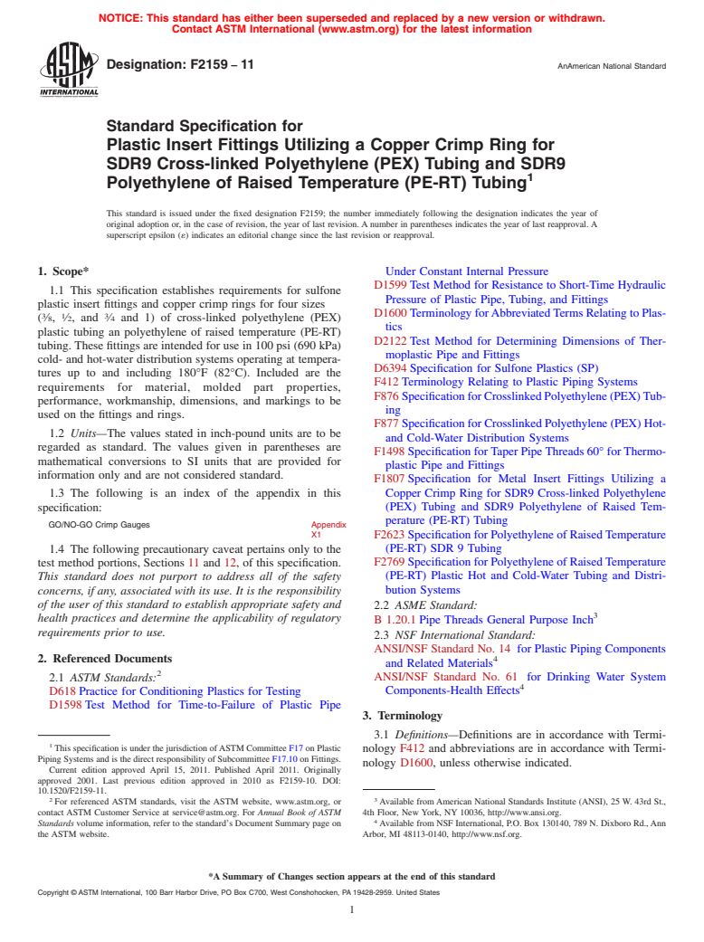 ASTM F2159-11 - Standard Specification for Plastic Insert Fittings Utilizing a Copper Crimp Ring for SDR9 Cross-linked Polyethylene (PEX) Tubing and SDR9 Polyethylene of Raised Temperature (PE-RT) Tubing