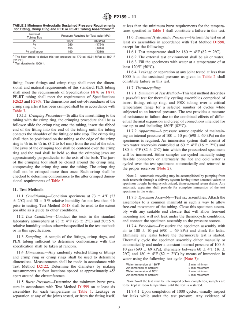 ASTM F2159-11 - Standard Specification for Plastic Insert Fittings Utilizing a Copper Crimp Ring for SDR9 Cross-linked Polyethylene (PEX) Tubing and SDR9 Polyethylene of Raised Temperature (PE-RT) Tubing