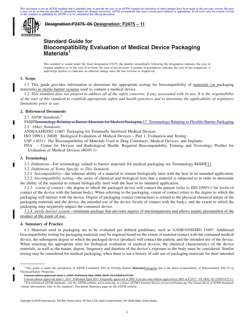 REDLINE ASTM F2475-11 - Standard Guide for Biocompatibility Evaluation of Medical Device Packaging Materials