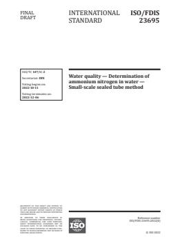 ISO 23695:2023 ISO 23695:2023 - Water quality — Determination of ammonium nitrogen in water — Small-scale sealed tube method
Released:9/27/2022 - Page 1 preview
