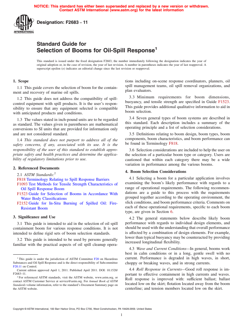 ASTM F2683-11 - Standard Guide for Selection of Booms for Oil-Spill Response