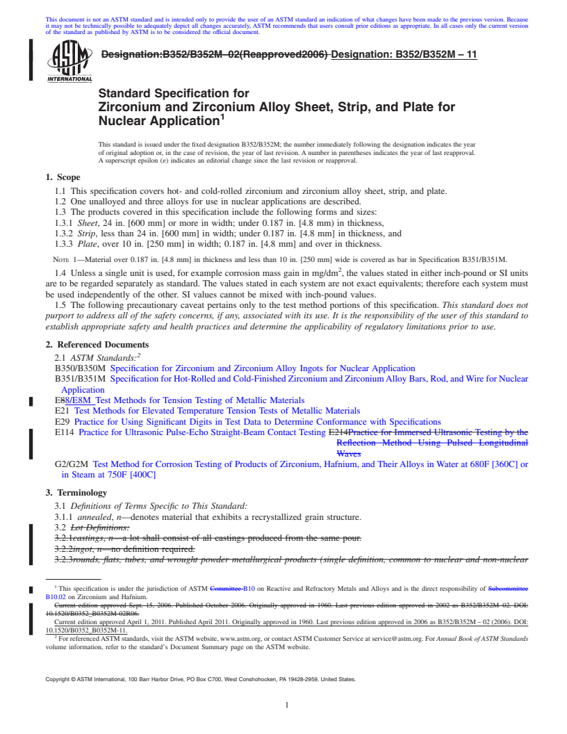 REDLINE ASTM B352/B352M-11 - Standard Specification for Zirconium and Zirconium Alloy Sheet, Strip, and Plate for Nuclear Application