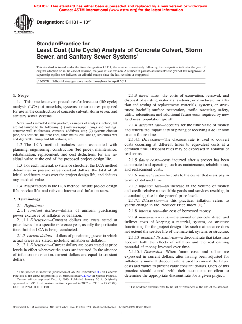 ASTM C1131-10e1 - Standard Practice for Least Cost (Life Cycle) Analysis of Concrete Culvert, Storm Sewer, and Sanitary Sewer Systems