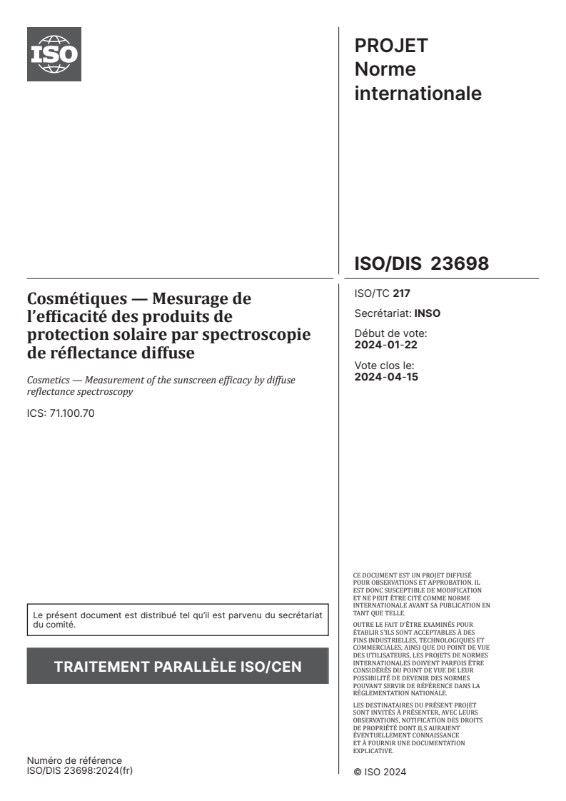 ISO/FDIS 23698 - Cosmétiques — Mesurage de l’efficacité des produits de protection solaire par spectroscopie de réflectance diffuse
Released:16. 01. 2024