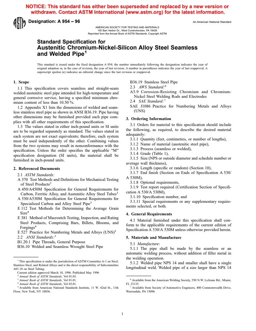 ASTM A954-96 - Standard Specification for Austenitic Chromium-Nickel-Silicon Alloy Steel Seamless and Welded Pipe