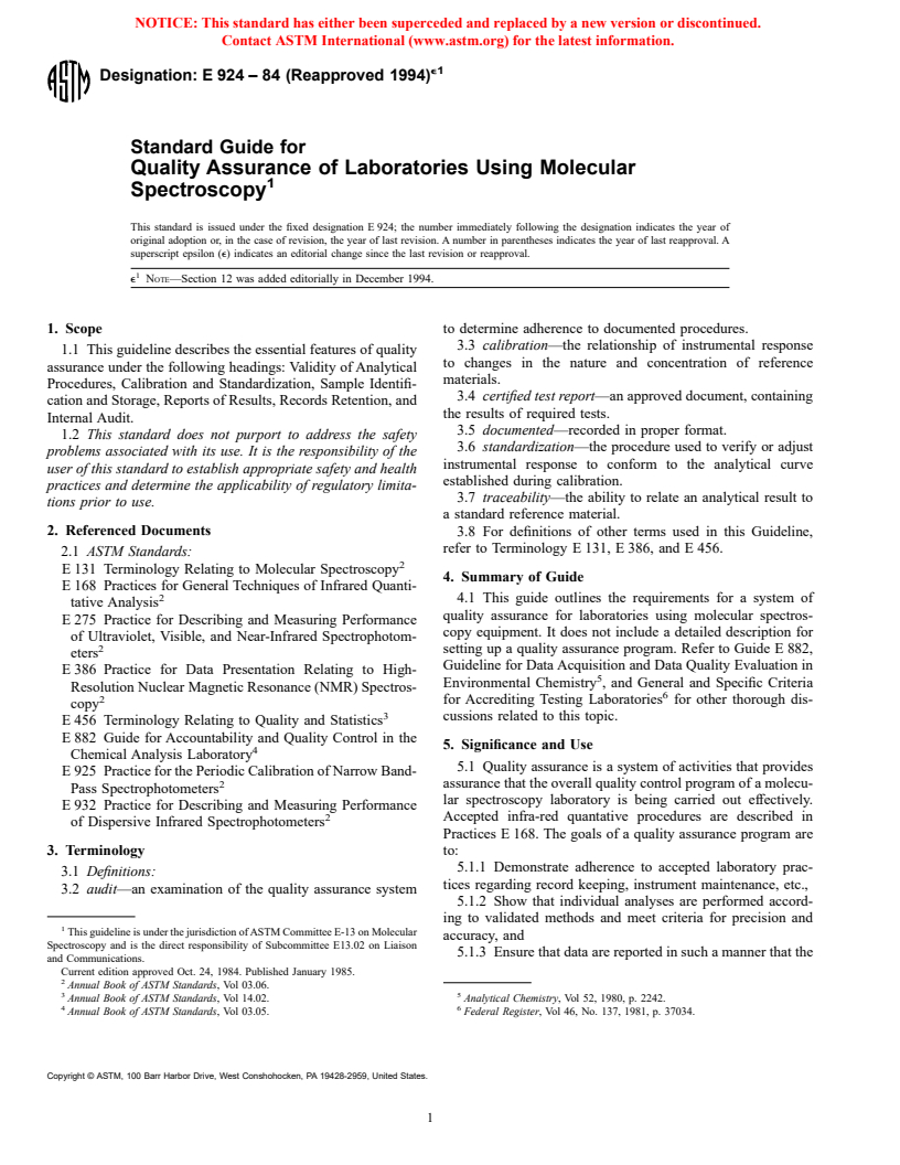 ASTM E924-84(1994)e1 - Standard Guide for Quality Assurance of Laboratories Using Molecular Spectroscopy (Withdrawn 2003)