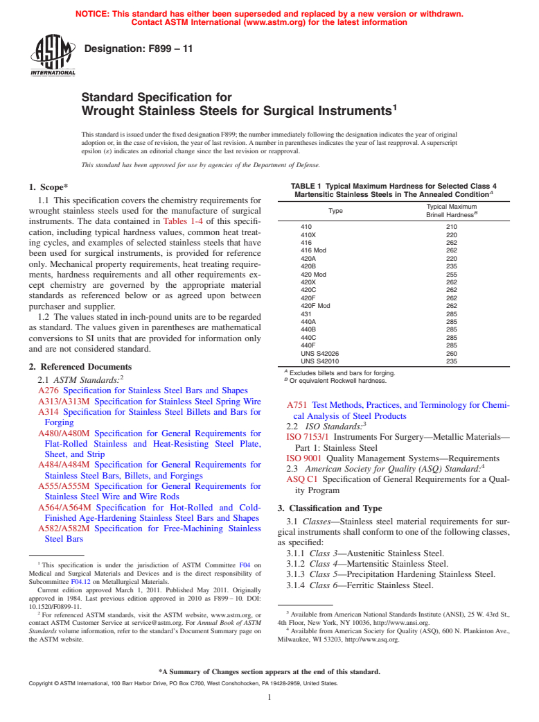 ASTM F899-11 - Standard Specification for Wrought Stainless Steels for Surgical Instruments