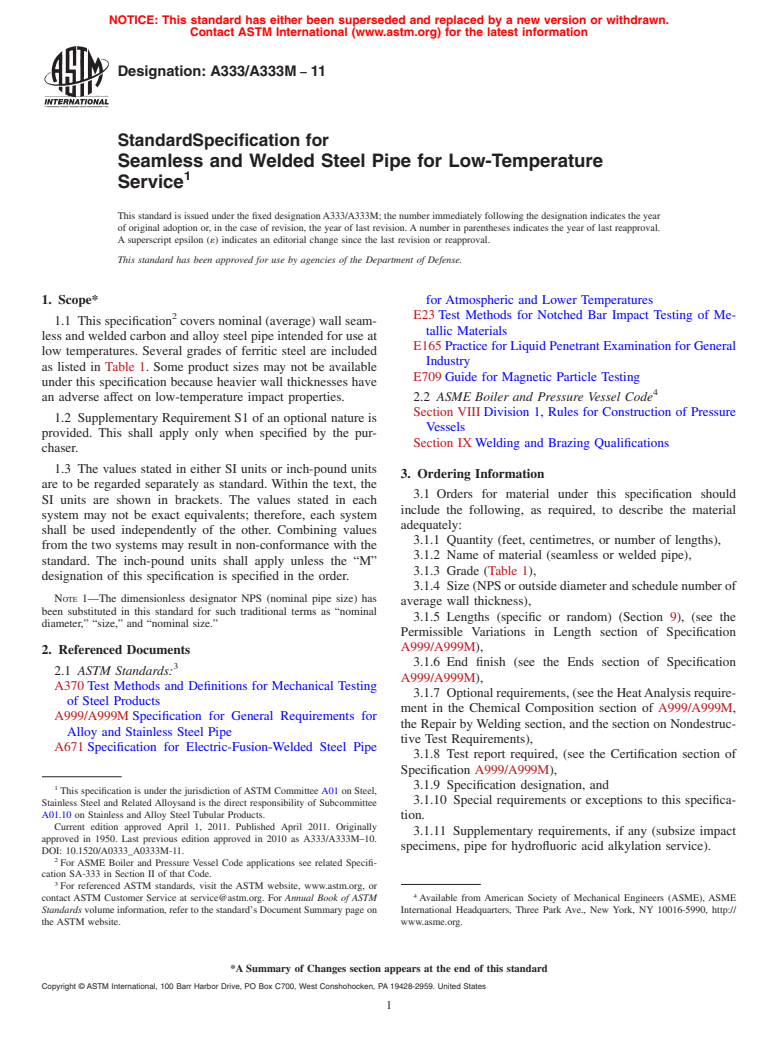 ASTM A333/A333M-11 - Standard Specification for Seamless and Welded Steel Pipe for Low-Temperature Service