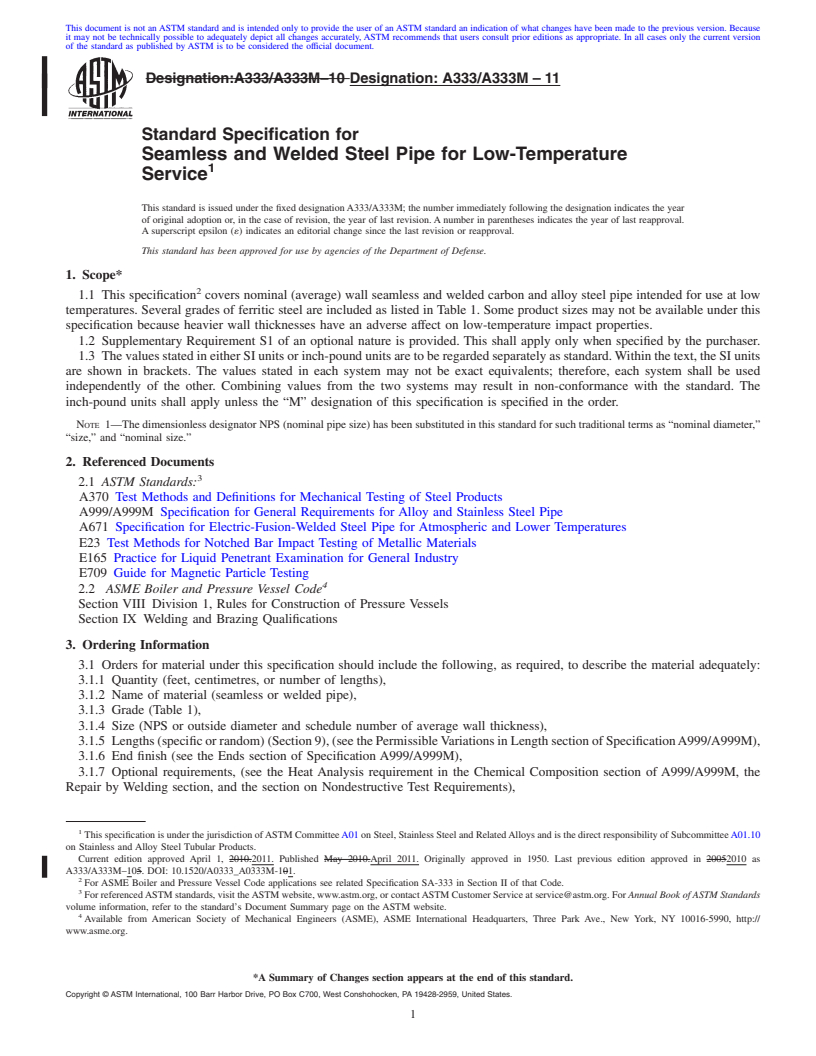 REDLINE ASTM A333/A333M-11 - Standard Specification for Seamless and Welded Steel Pipe for Low-Temperature Service