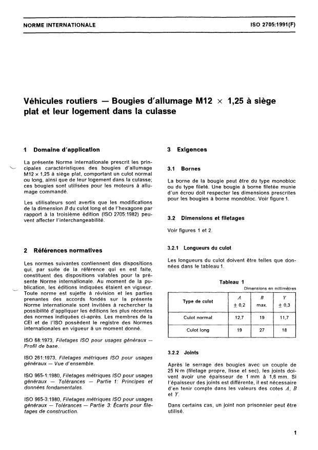 ISO 2705:1991 - Véhicules routiers -- Bougies d'allumage M12 x 1,25 a siege plat et leur logement dans la culasse
