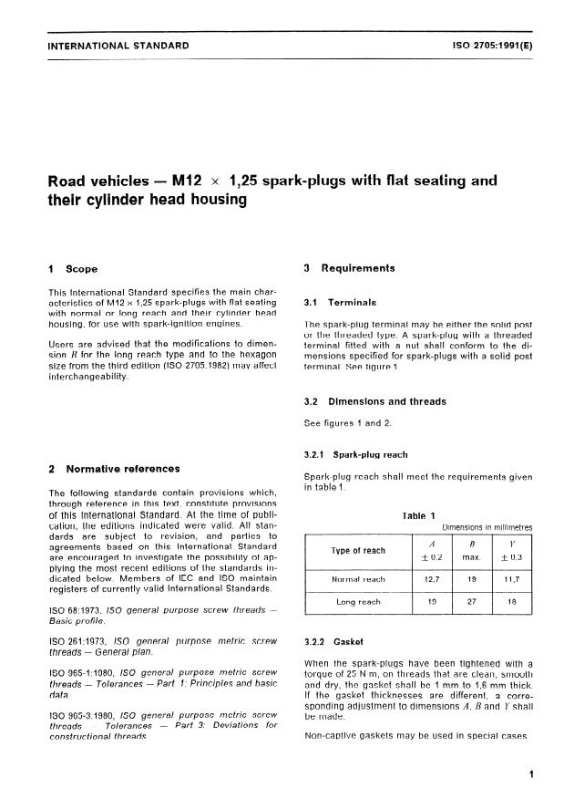 ISO 2705:1991 - Road vehicles -- M12 x 1,25 spark-plugs with flat seating and their cylinder head housing