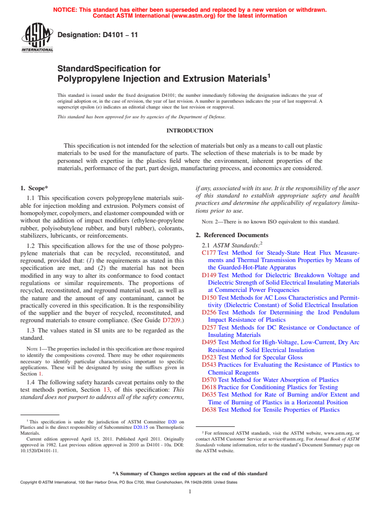 ASTM D4101-11 - Standard Specification for Polypropylene Injection and Extrusion Materials