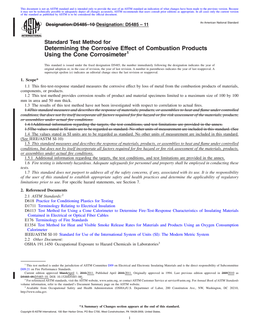 REDLINE ASTM D5485-11 - Standard Test Method for Determining the Corrosive Effect of Combustion Products Using the Cone Corrosimeter