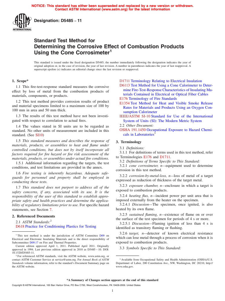 ASTM D5485-11 - Standard Test Method for Determining the Corrosive Effect of Combustion Products Using the Cone Corrosimeter