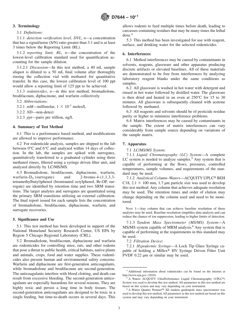 ASTM D7644-10e1 - Standard Test Method for Determination of Bromadiolone, Brodifacoum, Diphacinone and Warfarin in Water by Liquid Chromatography/Tandem Mass Spectrometry (LC/MS/MS)